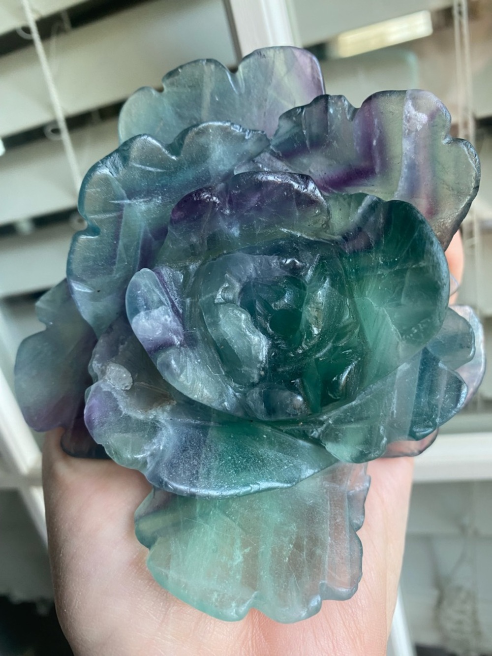 Artisan Carved Flower Sculpture in Green and Purple Fluorite